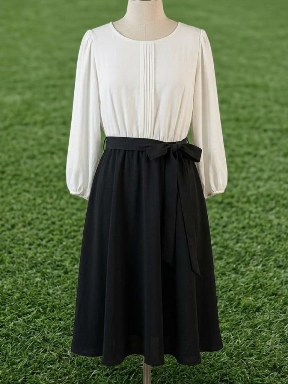 DKNY Women's 14 Colorblock Midi Formal Dress Black White Pleated Balloon Sleeve